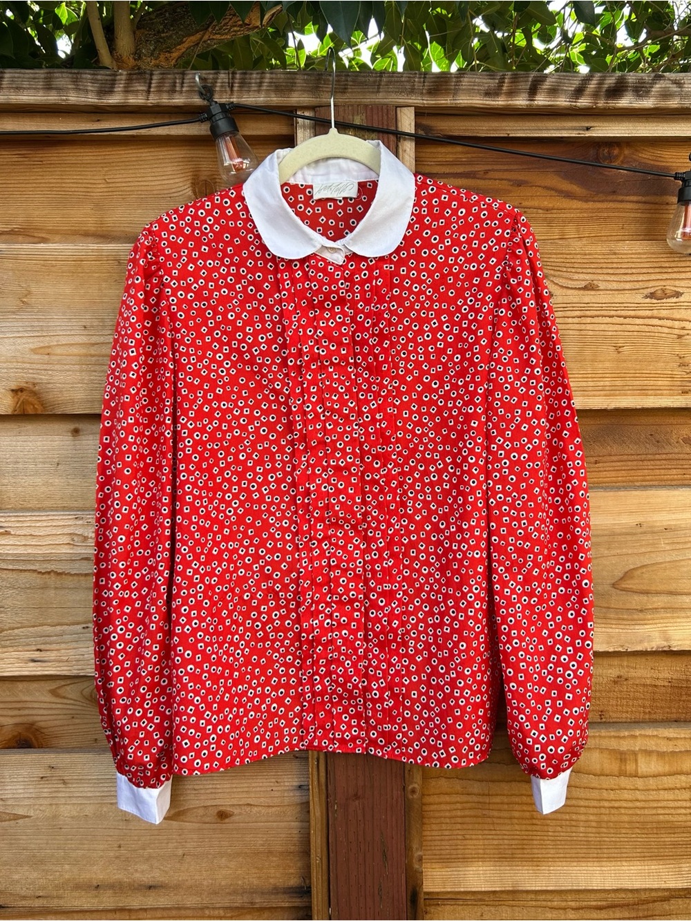 Vintage 70s Lord & Taylor Red Peter Pan Collar Geometric Polka Dot Button Up Top